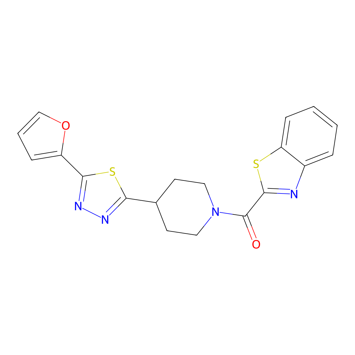 Benzo[d]thiazol-2-yl(4-(5-(furan-2-yl)-1,3,4-thiadiazol-2-yl)piperidin-1-yl)methanone molecular structure, CAS 1226455-99-7