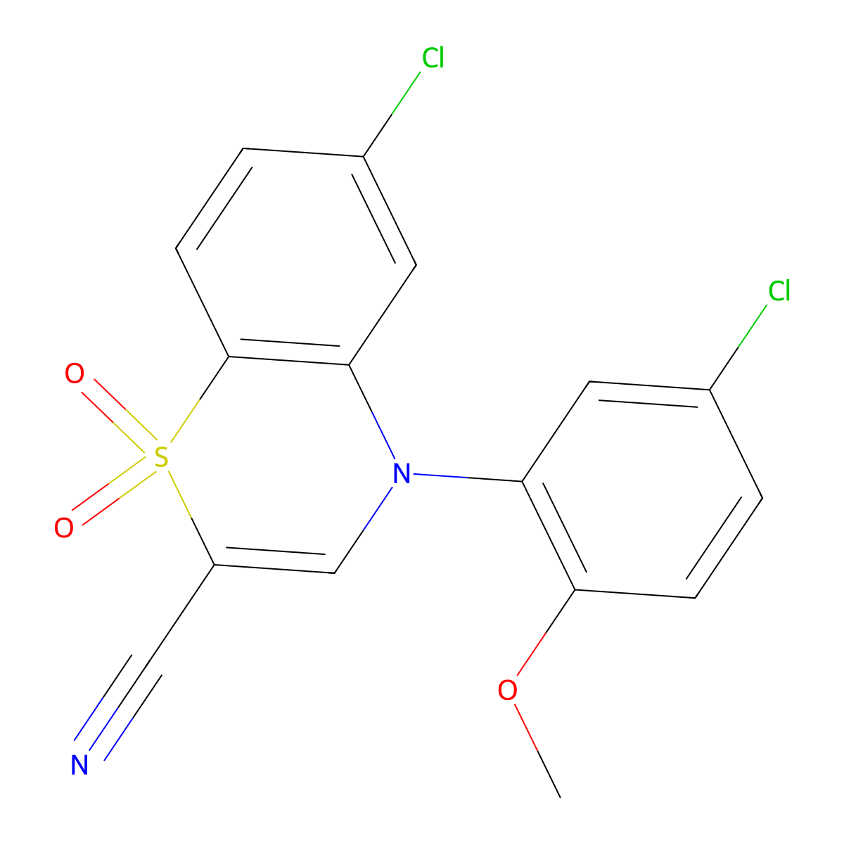 6-chloro-4-(5-chloro-2-methoxyphenyl)-4H-1,4-benzothiazine-2-carbonitrile 1,1-dioxide molecular structure, CAS 1226456-04-7