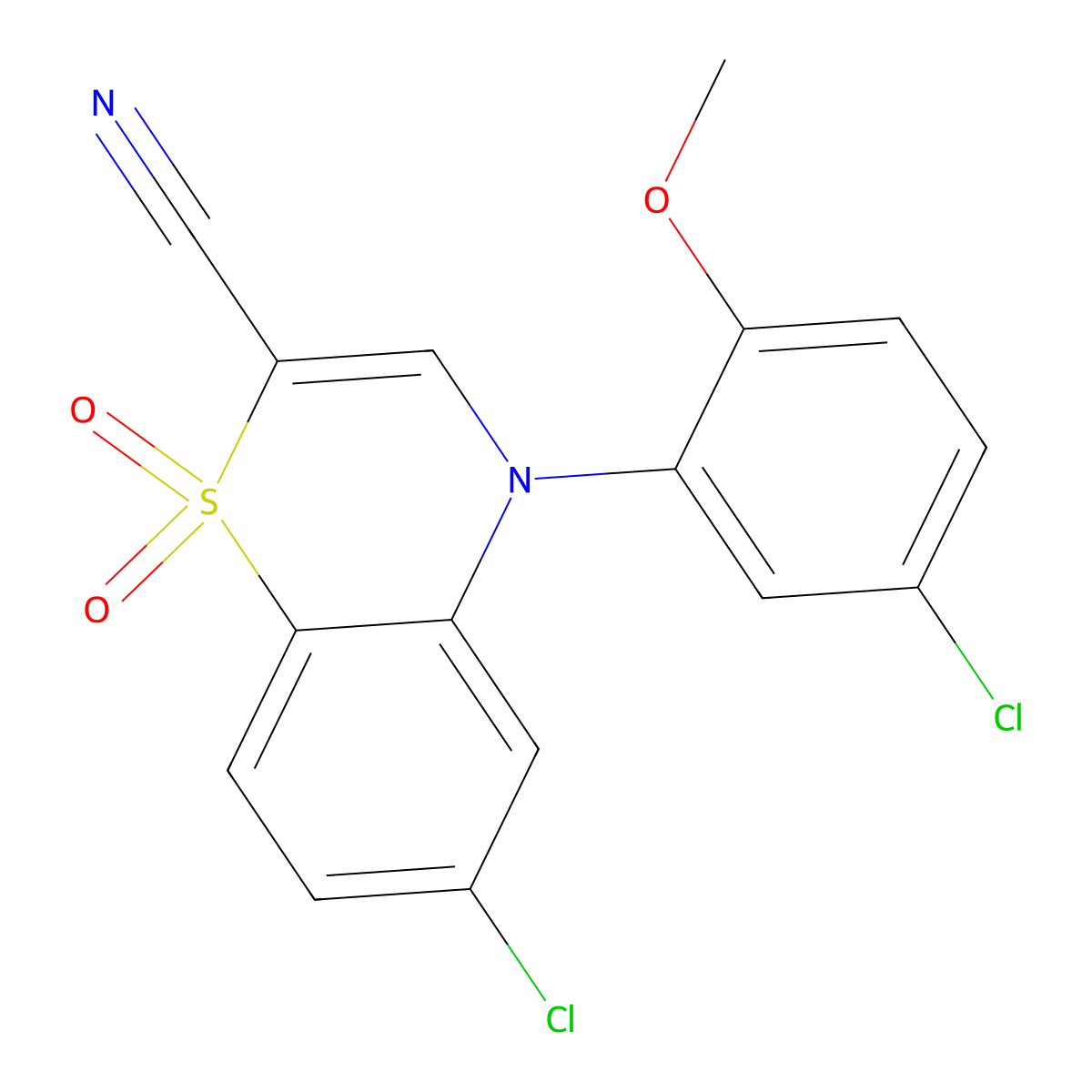 6-chloro-4-(5-chloro-2-methoxyphenyl)-4H-1,4-benzothiazine-2-carbonitrile 1,1-dioxide molecular structure, CAS 1226456-04-7