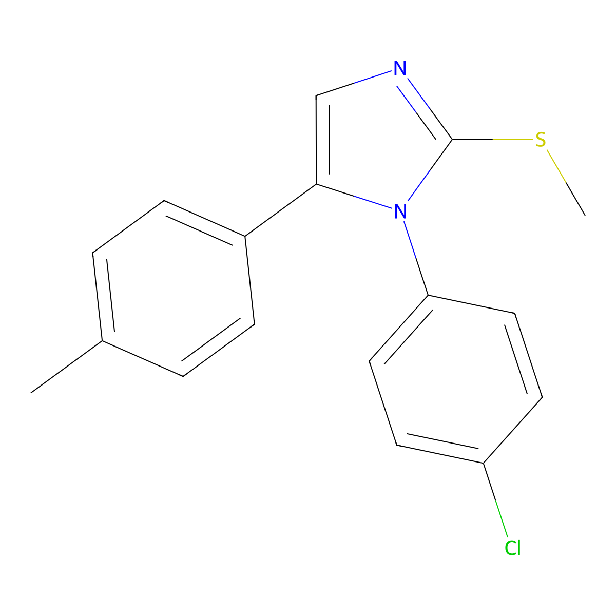 1-(4-chlorophenyl)-2-(methylthio)-5-(p-tolyl)-1H-imidazole molecular structure, CAS 1226456-08-1