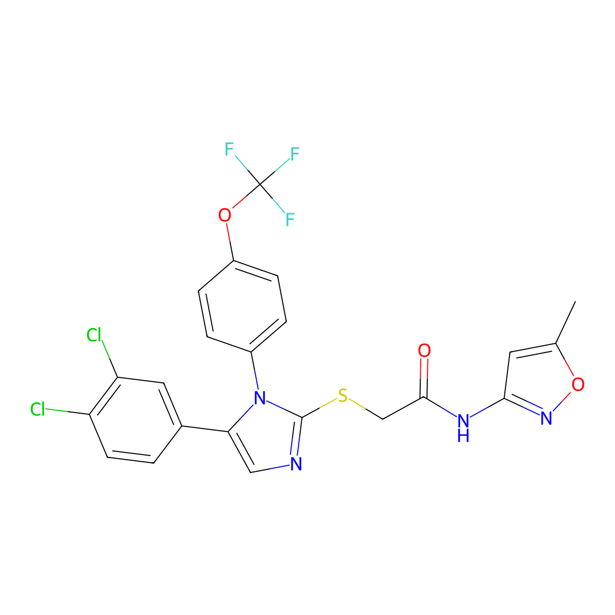 2-((5-(3,4-dichlorophenyl)-1-(4-(trifluoromethoxy)phenyl)-1H-imidazol-2-yl)thio)-N-(5-methylisoxazol-3-yl)acetamide molecular structure, CAS 1226456-09-2
