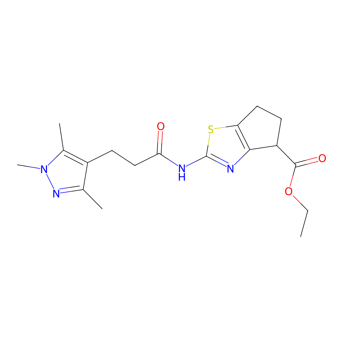 ethyl 2-(3-(1,3,5-trimethyl-1H-pyrazol-4-yl)propanamido)-5,6-dihydro-4H-cyclopenta[d]thiazole-4-carboxylate molecular structure, CAS 1226456-13-8