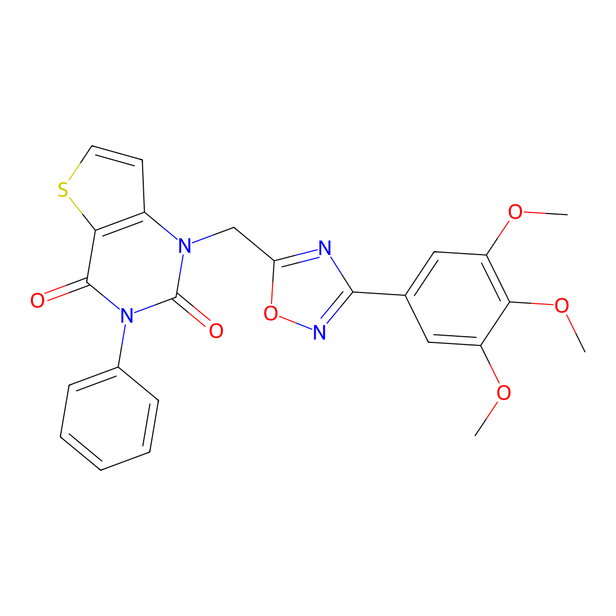 3-phenyl-1-{[3-(3,4,5-trimethoxyphenyl)-1,2,4-oxadiazol-5-yl]methyl}-1H,2H,3H,4H-thieno[3,2-d]pyrimidine-2,4-dione molecular structure, CAS 1226456-15-0