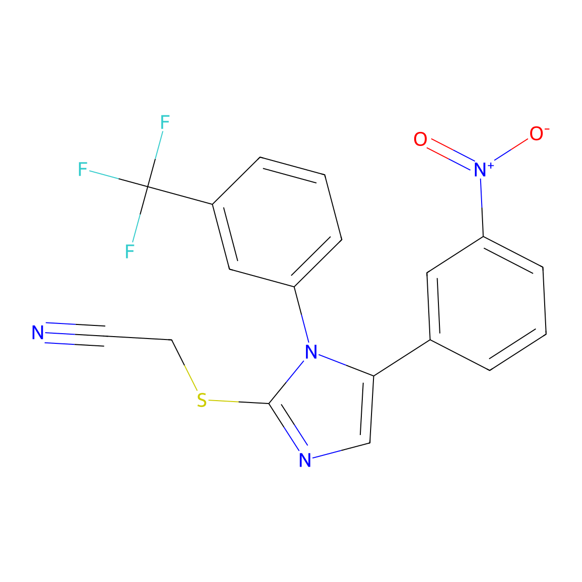 2-((5-(3-nitrophenyl)-1-(3-(trifluoromethyl)phenyl)-1H-imidazol-2-yl)thio)acetonitrile molecular structure, CAS 1226456-21-8