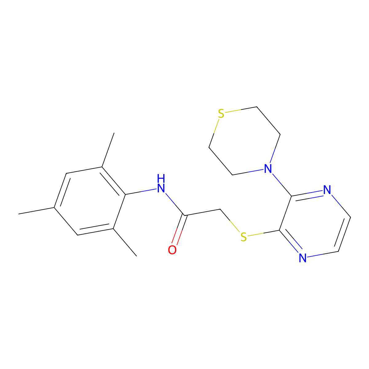 N-mesityl-2-((3-thiomorpholinopyrazin-2-yl)thio)acetamide molecular structure, CAS 1226456-22-9