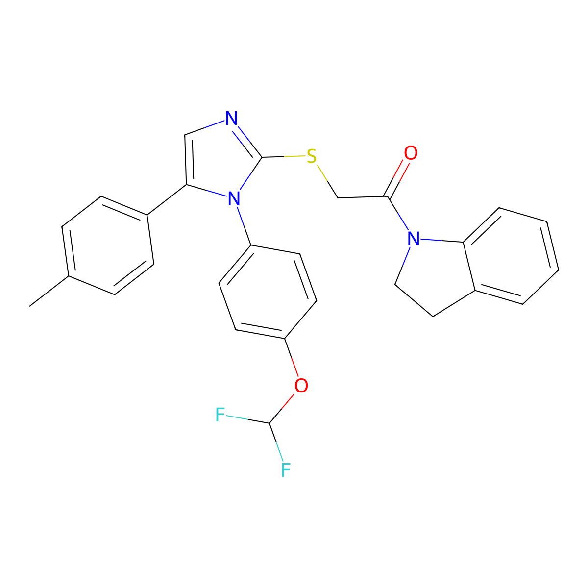 2-((1-(4-(difluoromethoxy)phenyl)-5-(p-tolyl)-1H-imidazol-2-yl)thio)-1-(indolin-1-yl)ethanone molecular structure, CAS 1226456-25-2