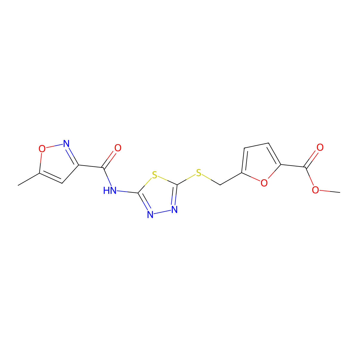 Methyl 5-(((5-(5-methylisoxazole-3-carboxamido)-1,3,4-thiadiazol-2-yl)thio)methyl)furan-2-carboxylate molecular structure, CAS 1226456-39-8