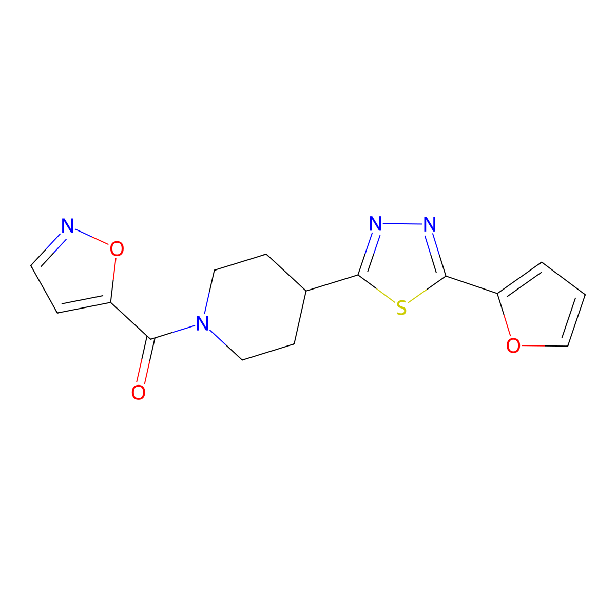 (4-(5-(Furan-2-yl)-1,3,4-thiadiazol-2-yl)piperidin-1-yl)(isoxazol-5-yl)methanone molecular structure, CAS 1226456-41-2