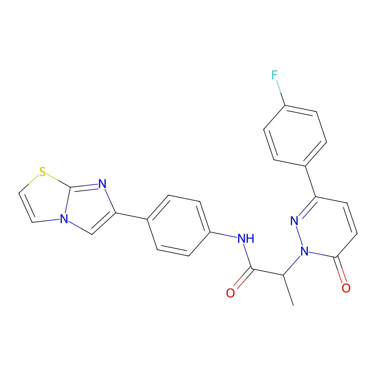 2-[3-(4-fluorophenyl)-6-oxo-1,6-dihydropyridazin-1-yl]-N-(4-{imidazo[2,1-b][1,3]thiazol-6-yl}phenyl)propanamide molecular structure, CAS 1226456-60-5