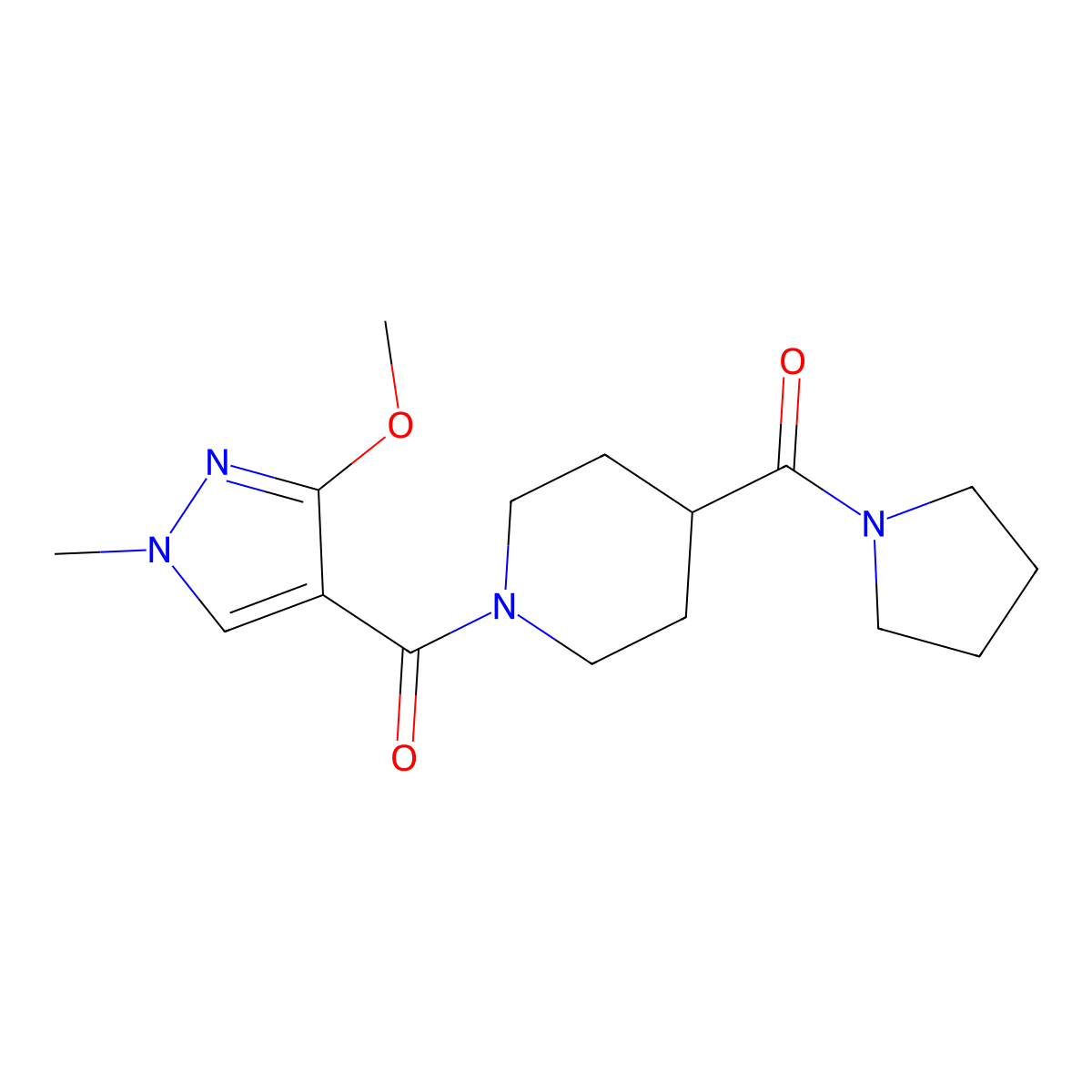 (3-methoxy-1-methyl-1H-pyrazol-4-yl)(4-(pyrrolidine-1-carbonyl)piperidin-1-yl)methanone molecular structure, CAS 1226456-63-8