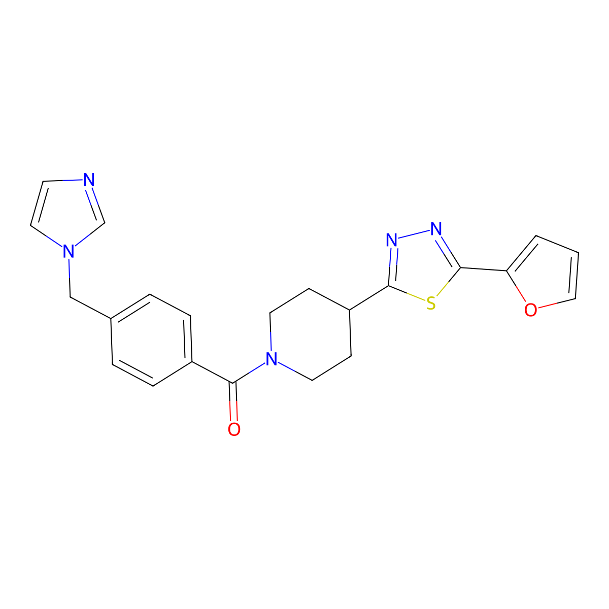 (4-((1H-imidazol-1-yl)methyl)phenyl)(4-(5-(furan-2-yl)-1,3,4-thiadiazol-2-yl)piperidin-1-yl)methanone molecular structure, CAS 1226456-65-0