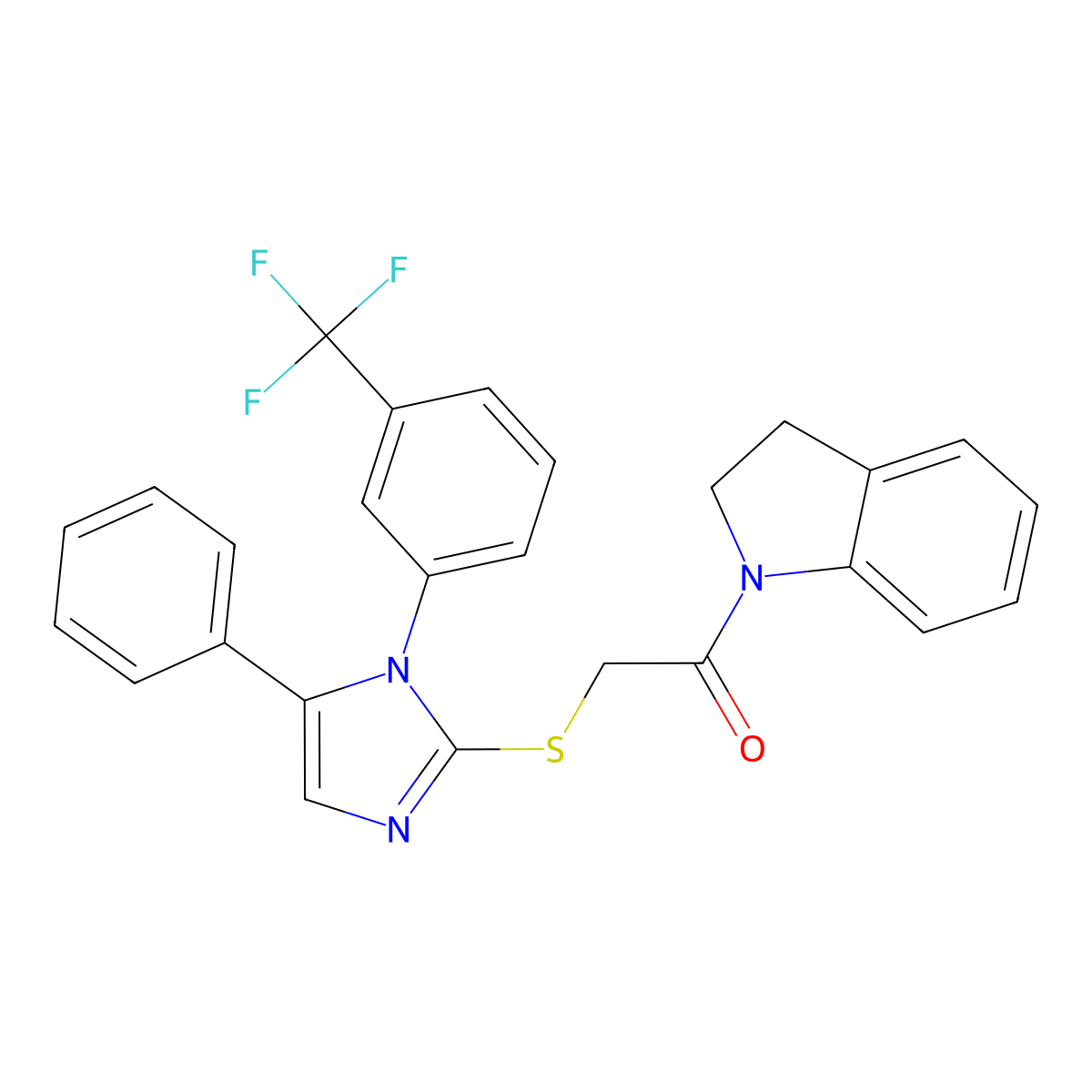 1-(indolin-1-yl)-2-((5-phenyl-1-(3-(trifluoromethyl)phenyl)-1H-imidazol-2-yl)thio)ethanone molecular structure, CAS 1226456-66-1