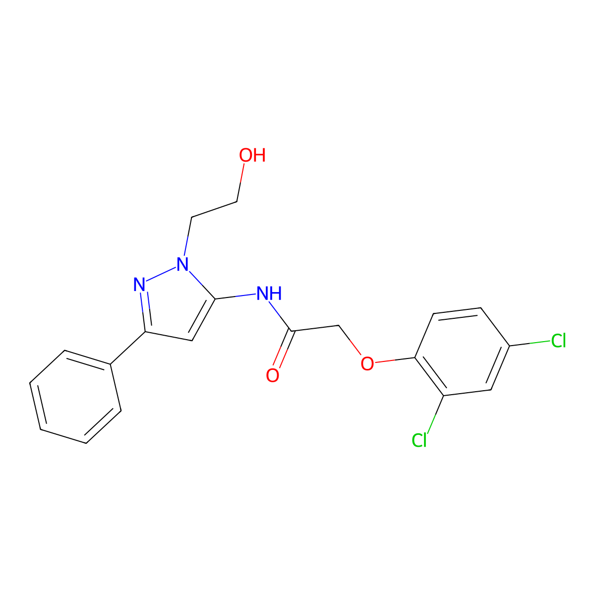 2-(2,4-dichlorophenoxy)-N-(1-(2-hydroxyethyl)-3-phenyl-1H-pyrazol-5-yl)acetamide molecular structure, CAS 1226456-67-2