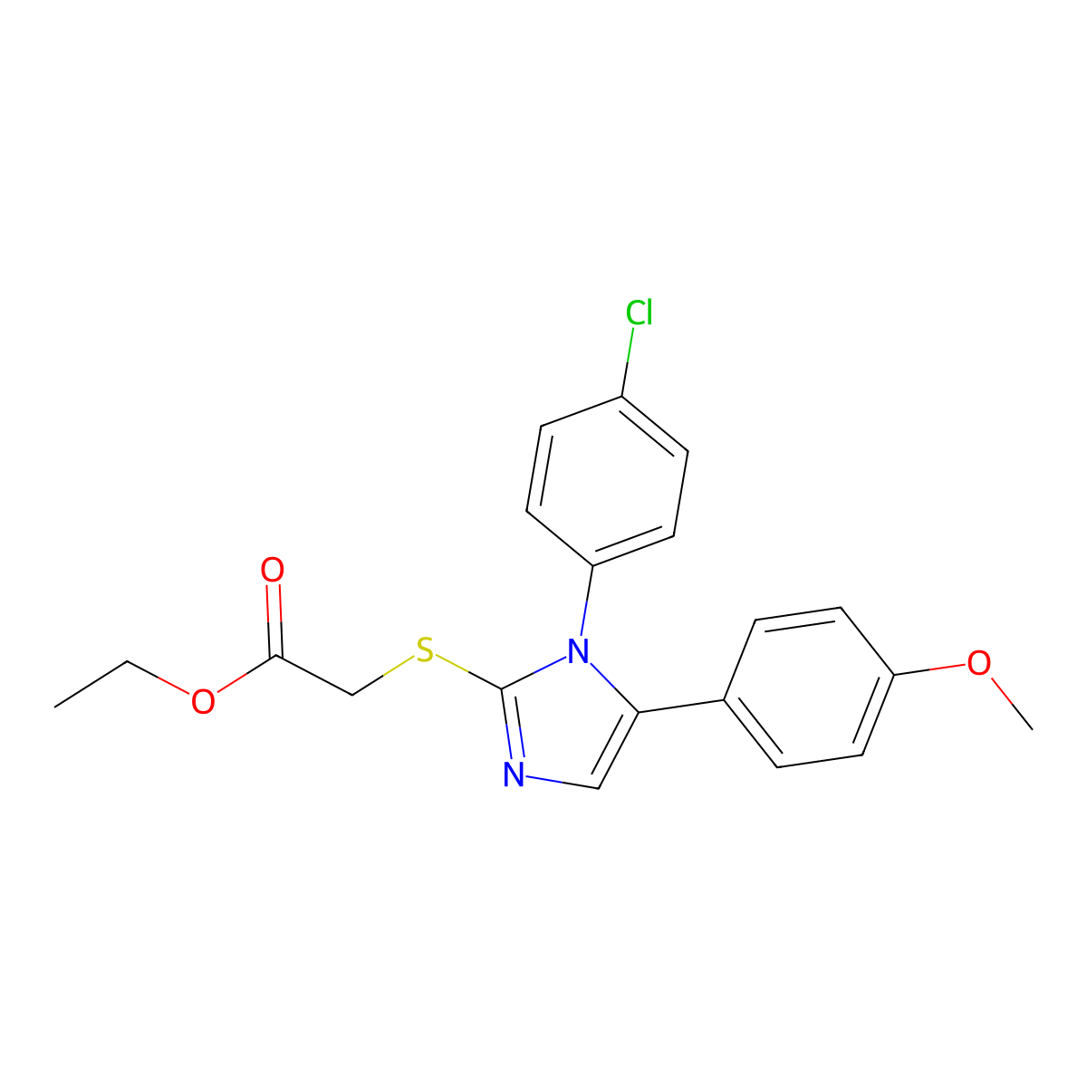 ethyl 2-((1-(4-chlorophenyl)-5-(4-methoxyphenyl)-1H-imidazol-2-yl)thio)acetate molecular structure, CAS 1226456-72-9