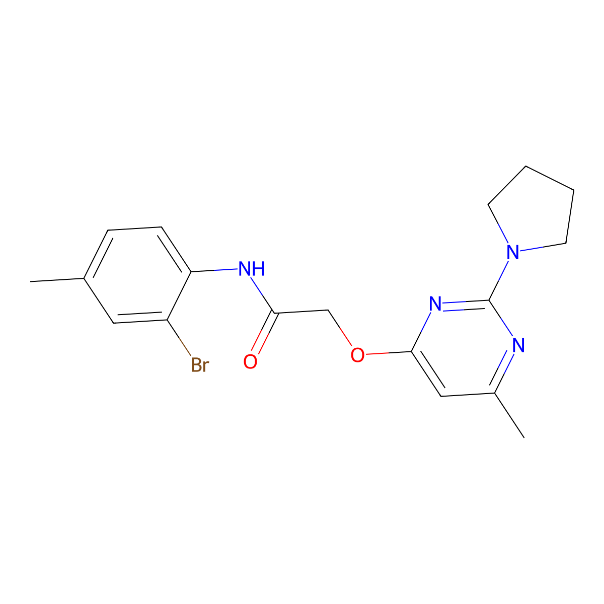 N-(2-bromo-4-methylphenyl)-2-((6-methyl-2-(pyrrolidin-1-yl)pyrimidin-4-yl)oxy)acetamide molecular structure, CAS 1226456-74-1