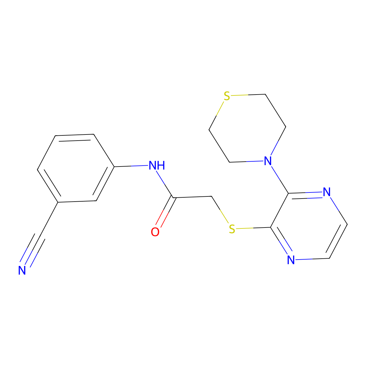 N-(3-cyanophenyl)-2-((3-thiomorpholinopyrazin-2-yl)thio)acetamide molecular structure, CAS 1226456-78-5