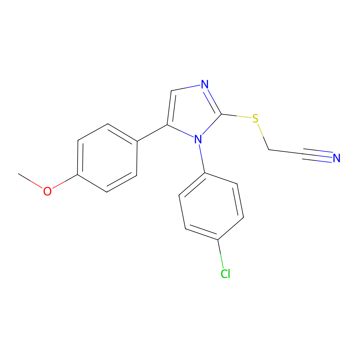 2-((1-(4-chlorophenyl)-5-(4-methoxyphenyl)-1H-imidazol-2-yl)thio)acetonitrile molecular structure, CAS 1226456-81-0