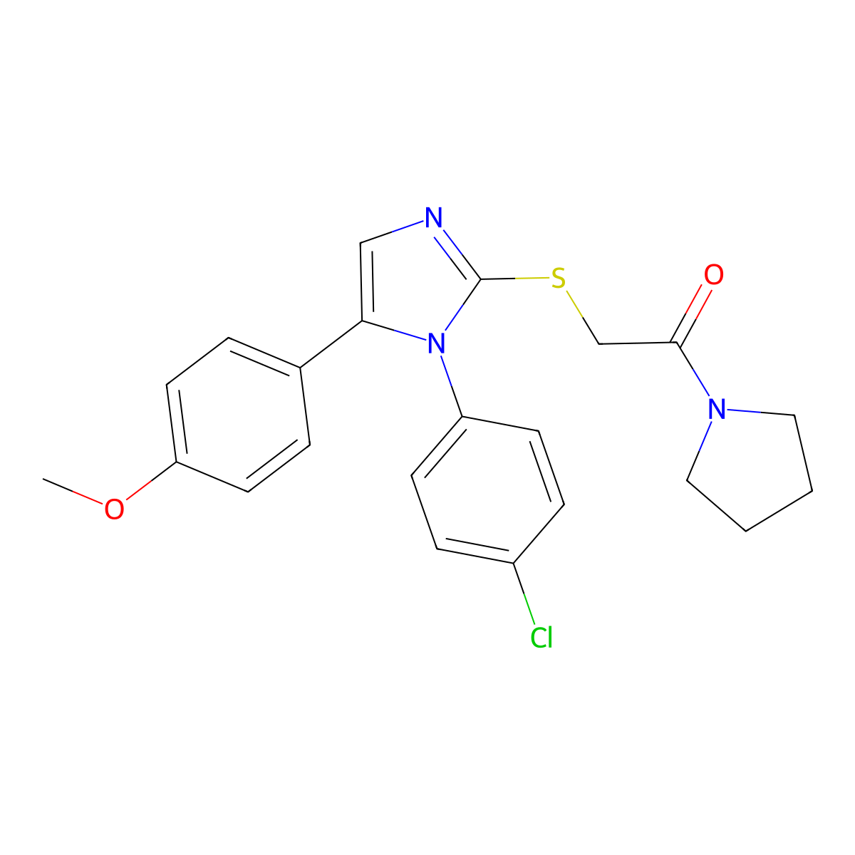 2-((1-(4-chlorophenyl)-5-(4-methoxyphenyl)-1H-imidazol-2-yl)thio)-1-(pyrrolidin-1-yl)ethanone molecular structure, CAS 1226456-83-2