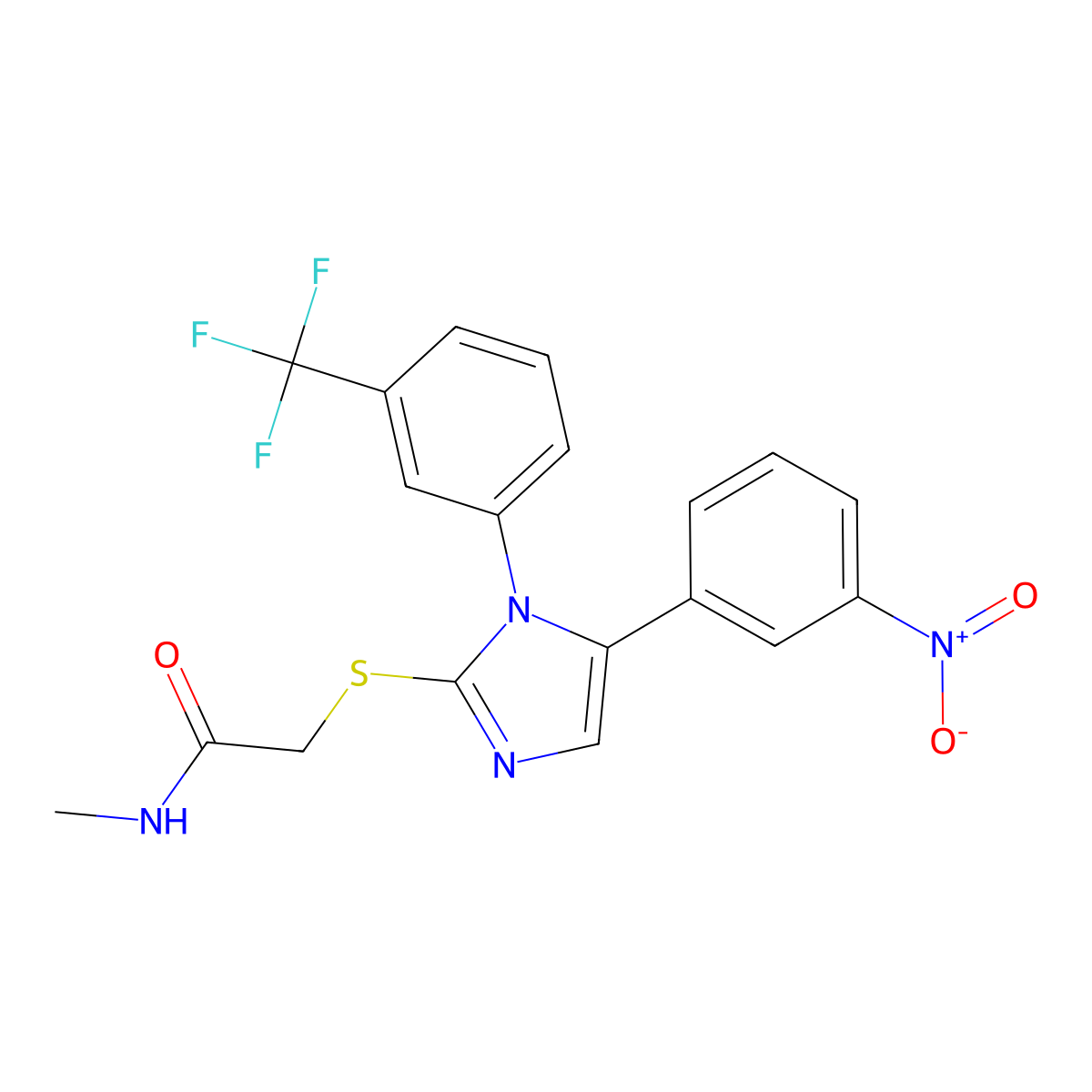 N-methyl-2-((5-(3-nitrophenyl)-1-(3-(trifluoromethyl)phenyl)-1H-imidazol-2-yl)thio)acetamide molecular structure, CAS 1226456-97-8