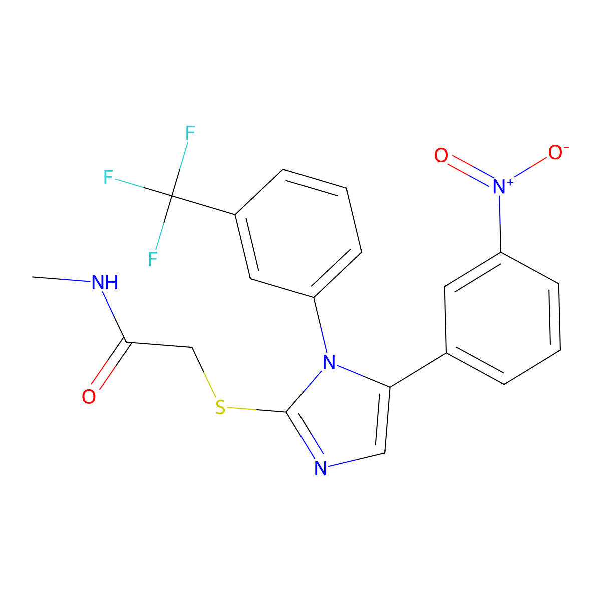 N-methyl-2-((5-(3-nitrophenyl)-1-(3-(trifluoromethyl)phenyl)-1H-imidazol-2-yl)thio)acetamide molecular structure, CAS 1226456-97-8