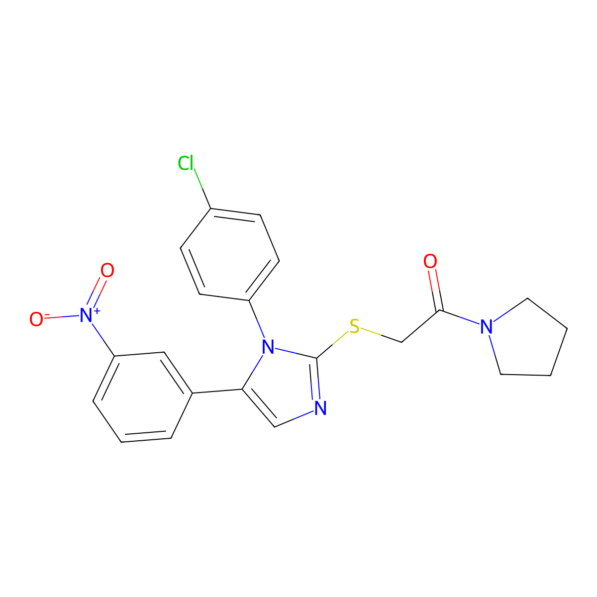 2-((1-(4-chlorophenyl)-5-(3-nitrophenyl)-1H-imidazol-2-yl)thio)-1-(pyrrolidin-1-yl)ethanone molecular structure, CAS 1226457-00-6