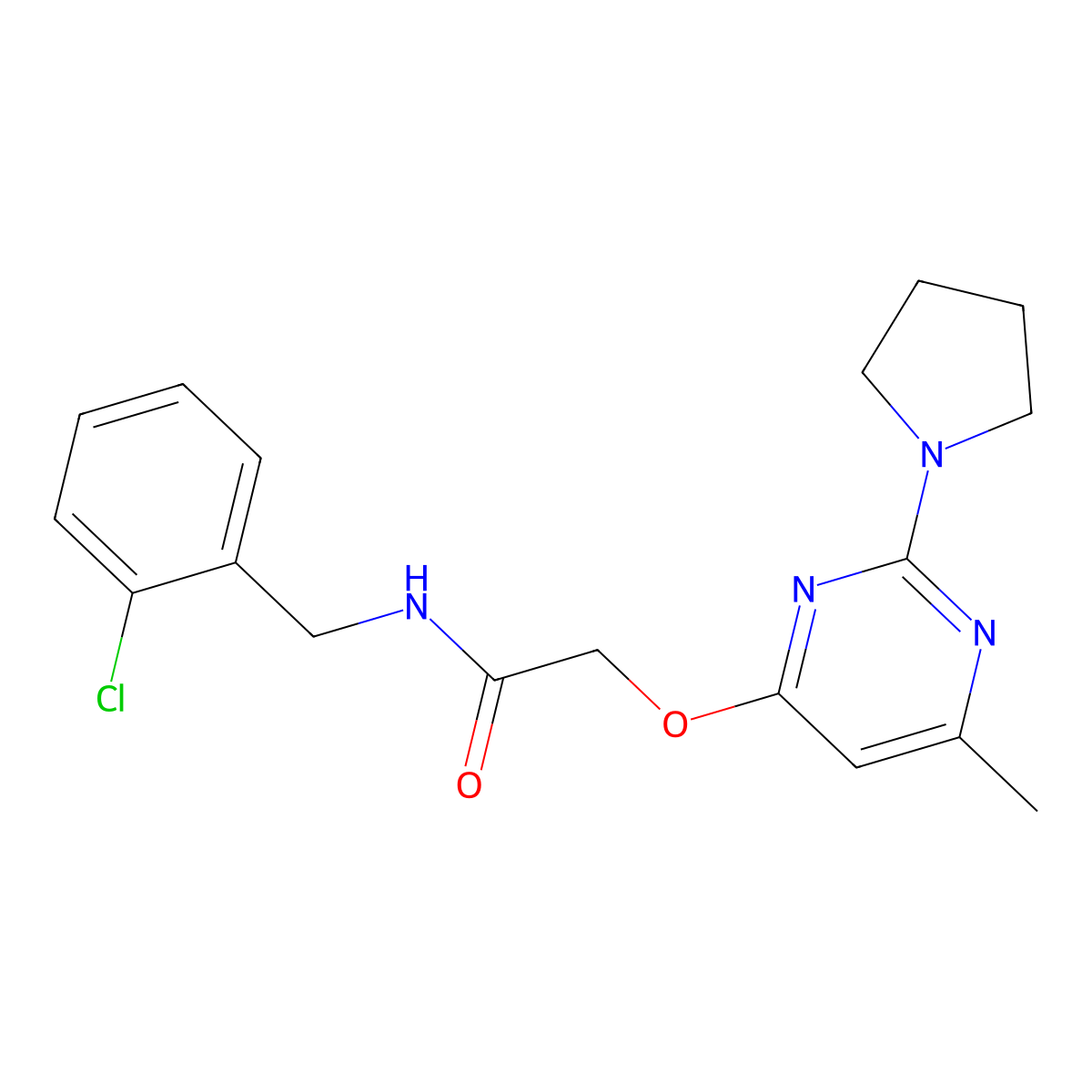 N-(2-chlorobenzyl)-2-((6-methyl-2-(pyrrolidin-1-yl)pyrimidin-4-yl)oxy)acetamide molecular structure, CAS 1226457-07-3
