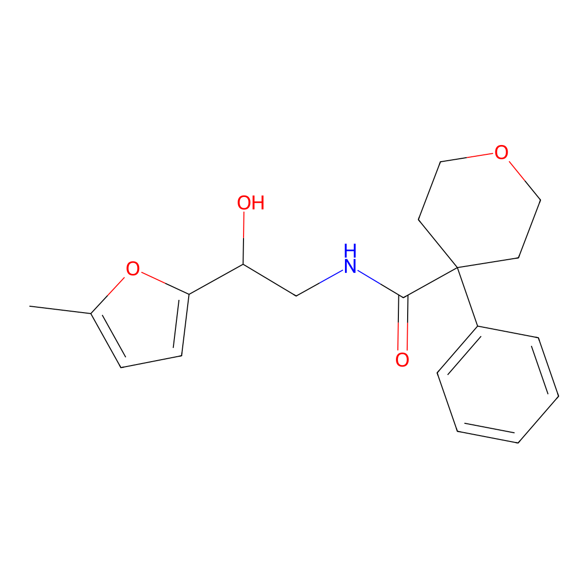 N-(2-hydroxy-2-(5-methylfuran-2-yl)ethyl)-4-phenyltetrahydro-2H-pyran-4-carboxamide molecular structure, CAS 1226457-11-9