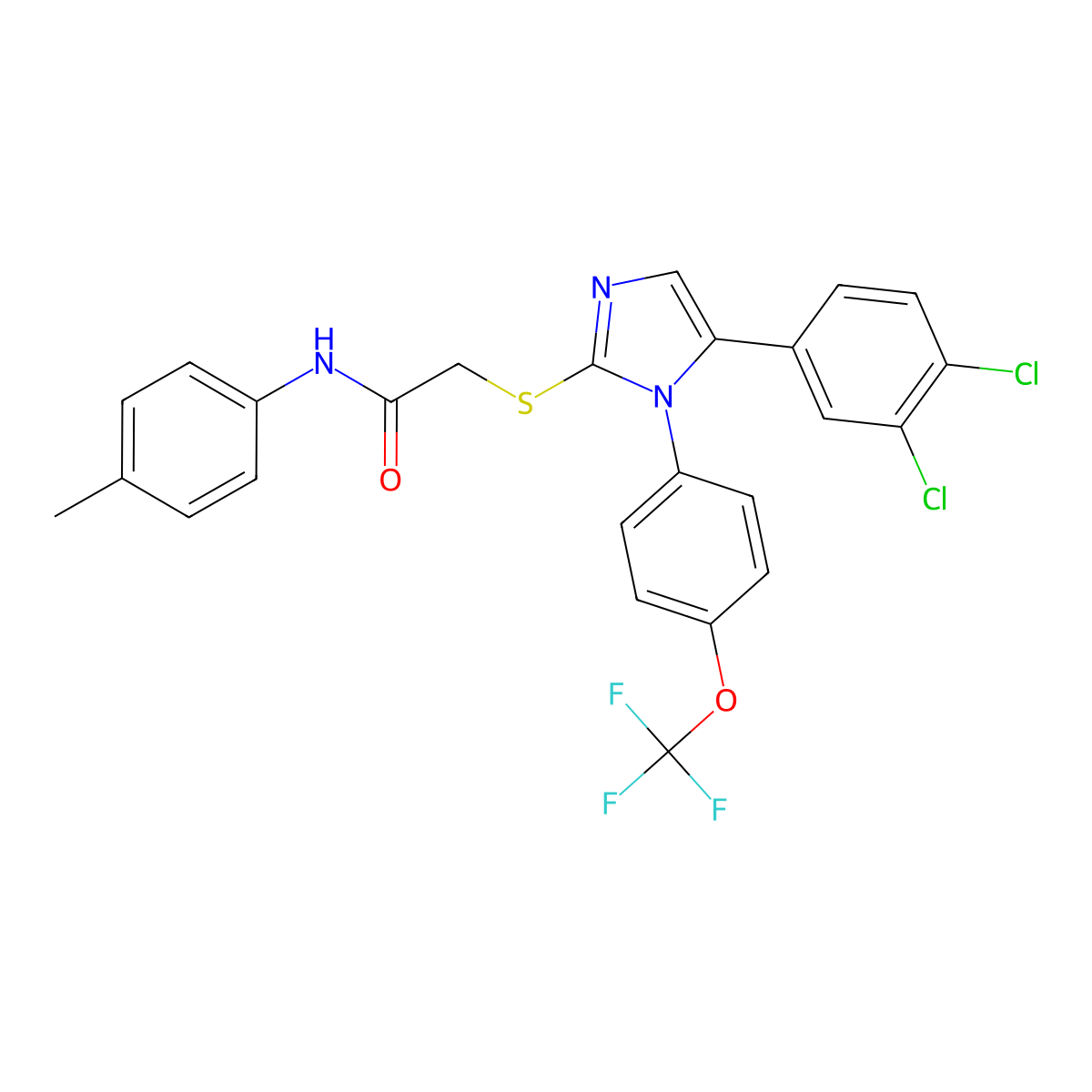 2-((5-(3,4-dichlorophenyl)-1-(4-(trifluoromethoxy)phenyl)-1H-imidazol-2-yl)thio)-N-(p-tolyl)acetamide molecular structure, CAS 1226457-19-7