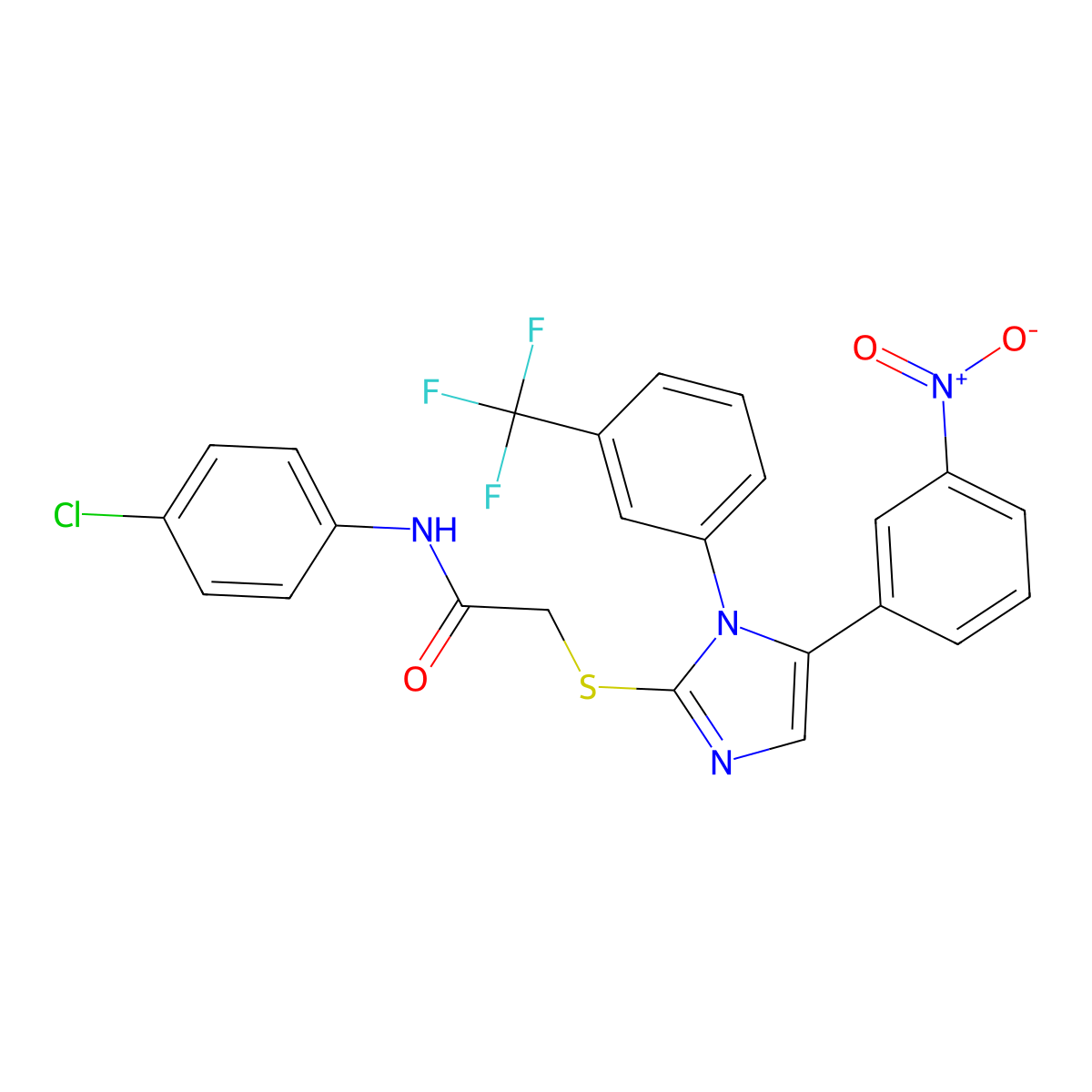 N-(4-chlorophenyl)-2-((5-(3-nitrophenyl)-1-(3-(trifluoromethyl)phenyl)-1H-imidazol-2-yl)thio)acetamide molecular structure, CAS 1226457-20-0