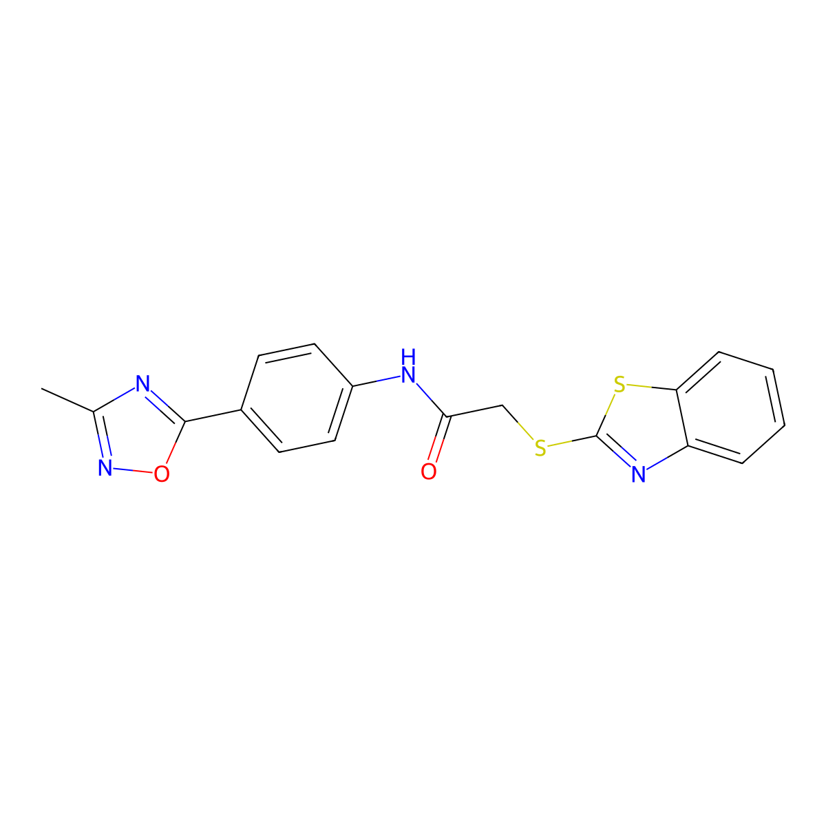 2-(benzo[d]thiazol-2-ylthio)-N-(4-(3-methyl-1,2,4-oxadiazol-5-yl)phenyl)acetamide molecular structure, CAS 1226457-22-2