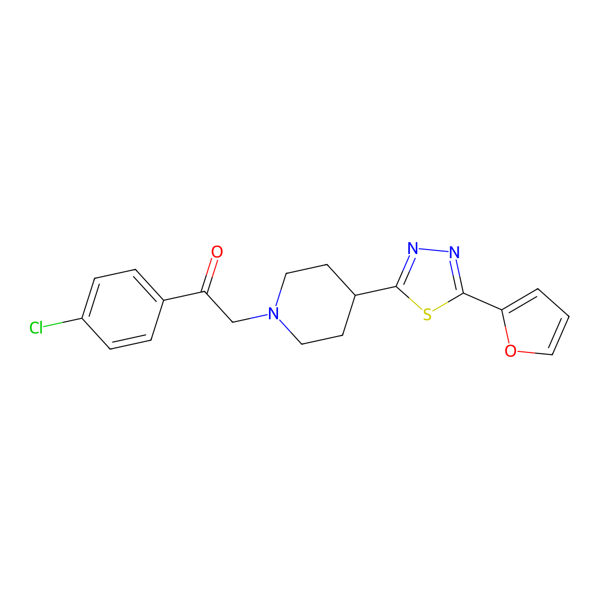 1-(4-Chlorophenyl)-2-(4-(5-(furan-2-yl)-1,3,4-thiadiazol-2-yl)piperidin-1-yl)ethanone molecular structure, CAS 1226457-23-3