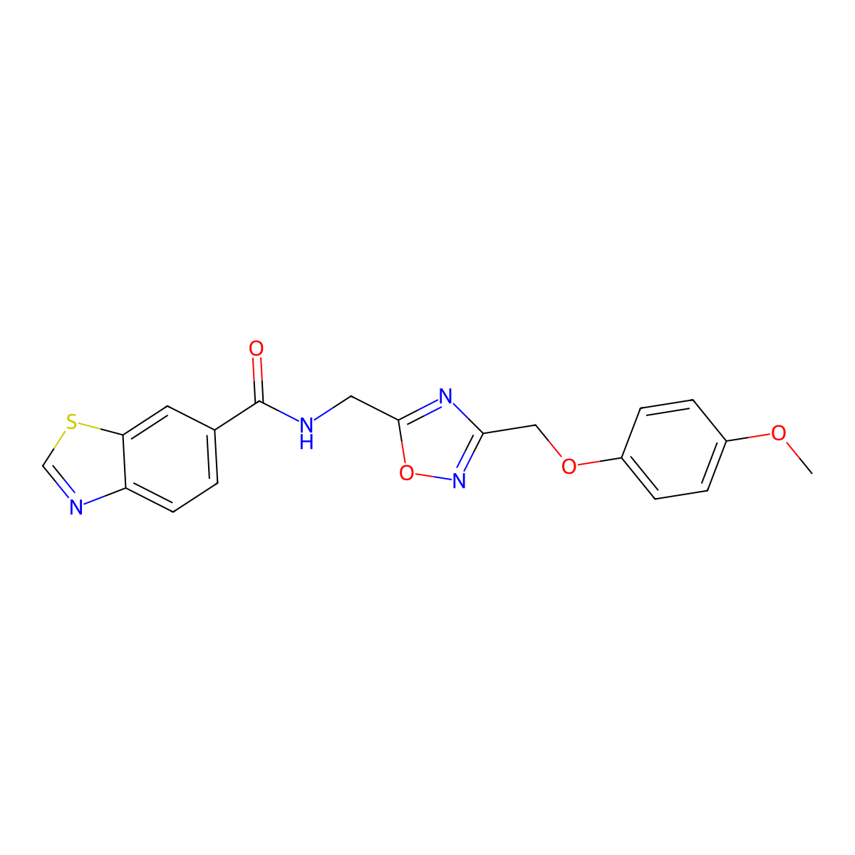 N-((3-((4-methoxyphenoxy)methyl)-1,2,4-oxadiazol-5-yl)methyl)benzo[d]thiazole-6-carboxamide molecular structure, CAS 1226457-32-4