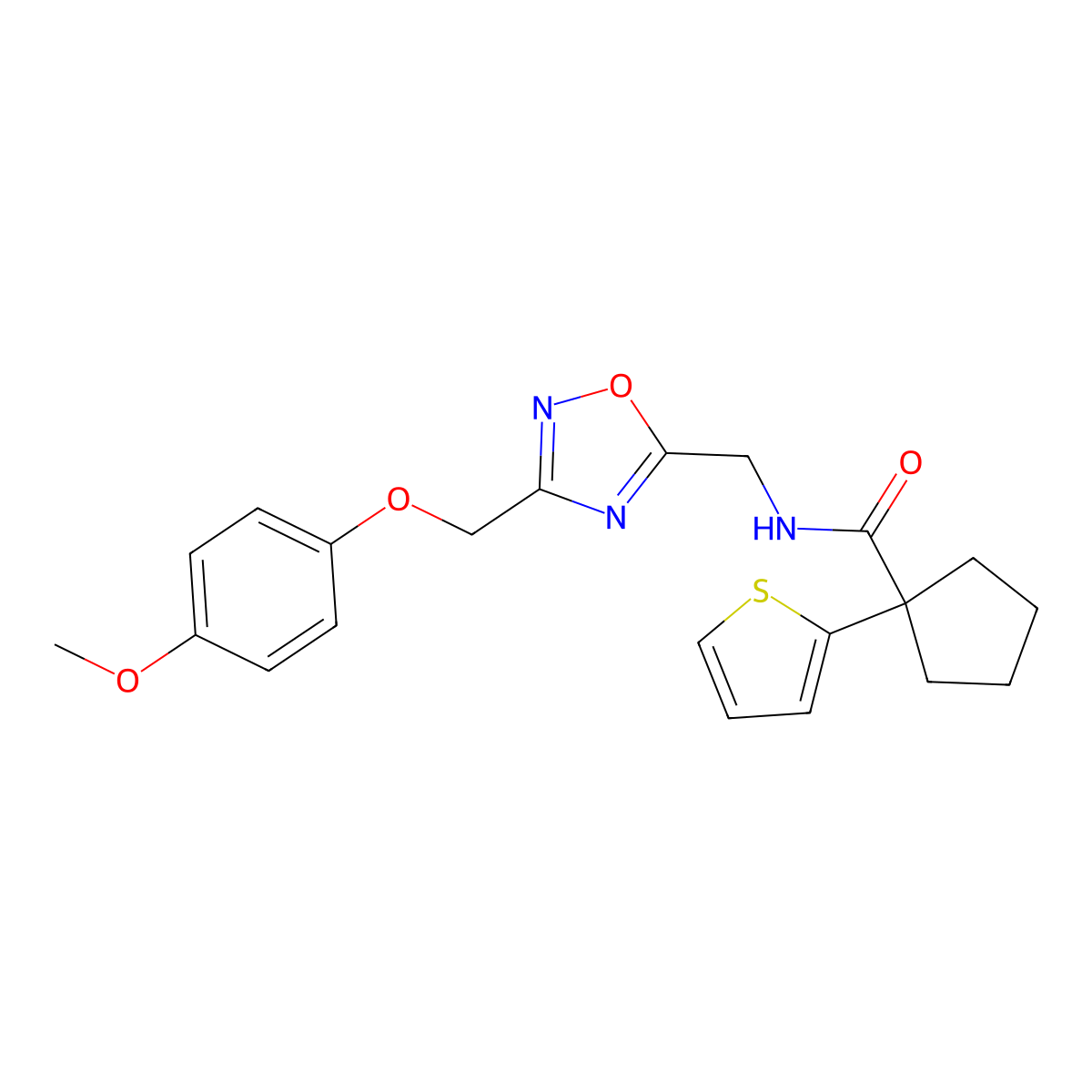 N-((3-((4-methoxyphenoxy)methyl)-1,2,4-oxadiazol-5-yl)methyl)-1-(thiophen-2-yl)cyclopentanecarboxamide molecular structure, CAS 1226457-35-7