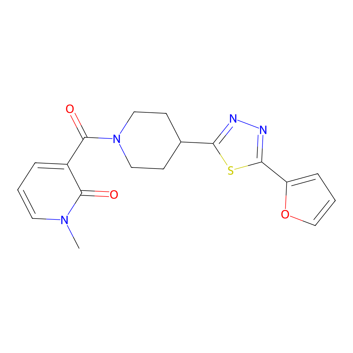 3-(4-(5-(furan-2-yl)-1,3,4-thiadiazol-2-yl)piperidine-1-carbonyl)-1-methylpyridin-2(1H)-one molecular structure, CAS 1226457-36-8