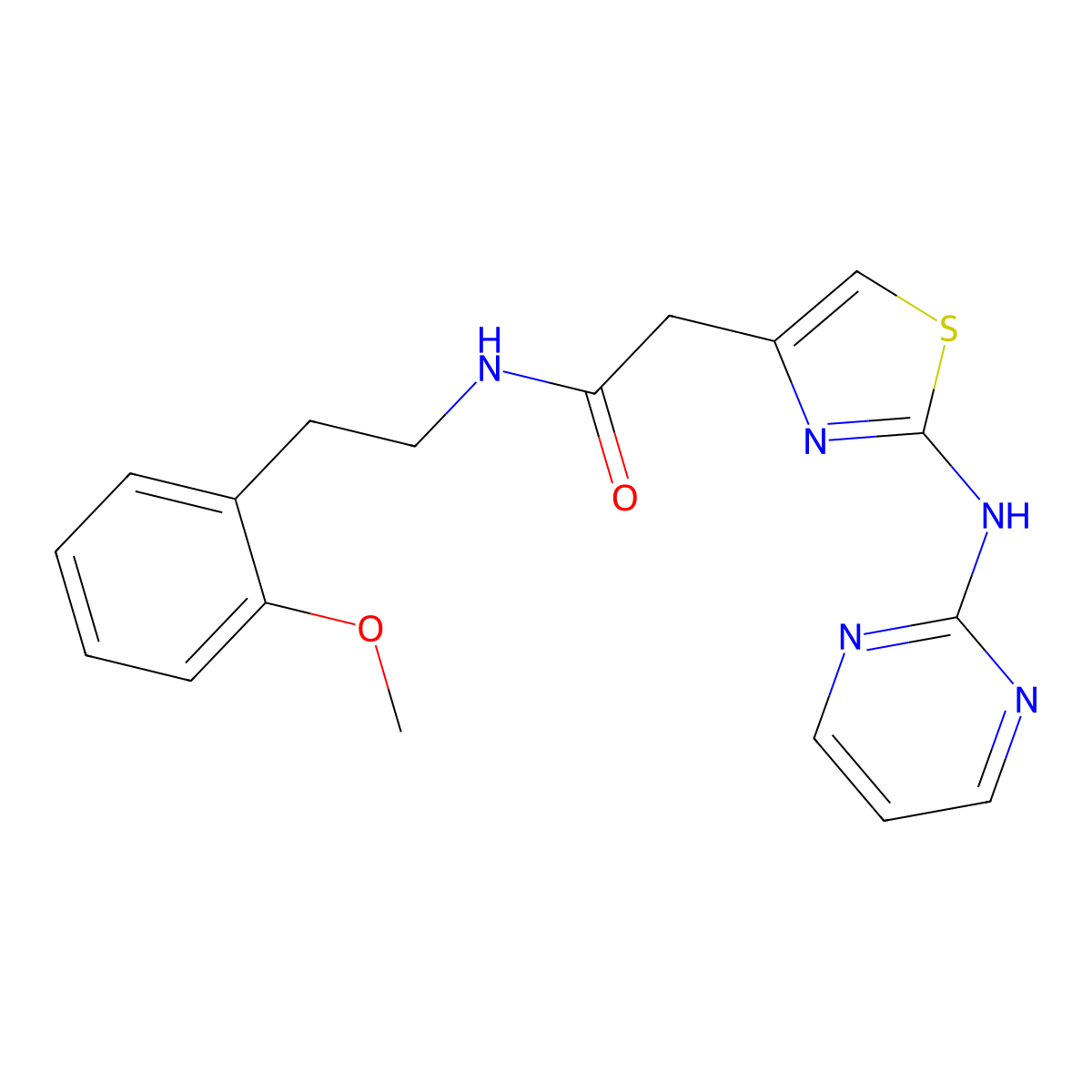 N-(2-methoxyphenethyl)-2-(2-(pyrimidin-2-ylamino)thiazol-4-yl)acetamide molecular structure, CAS 1226457-37-9
