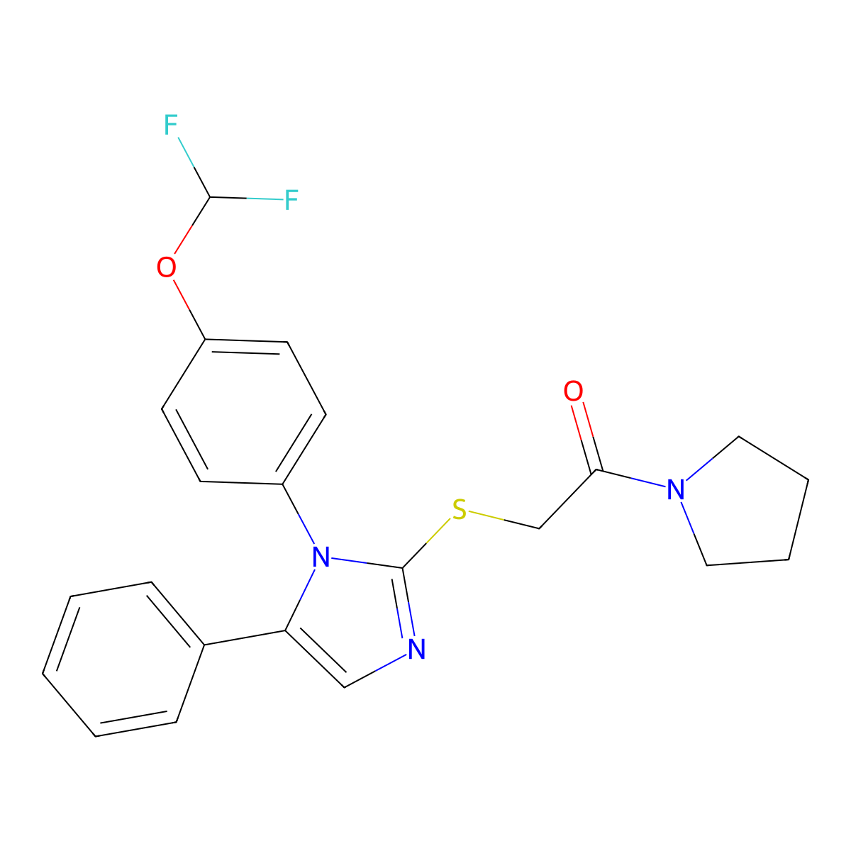 2-((1-(4-(difluoromethoxy)phenyl)-5-phenyl-1H-imidazol-2-yl)thio)-1-(pyrrolidin-1-yl)ethanone molecular structure, CAS 1226457-43-7