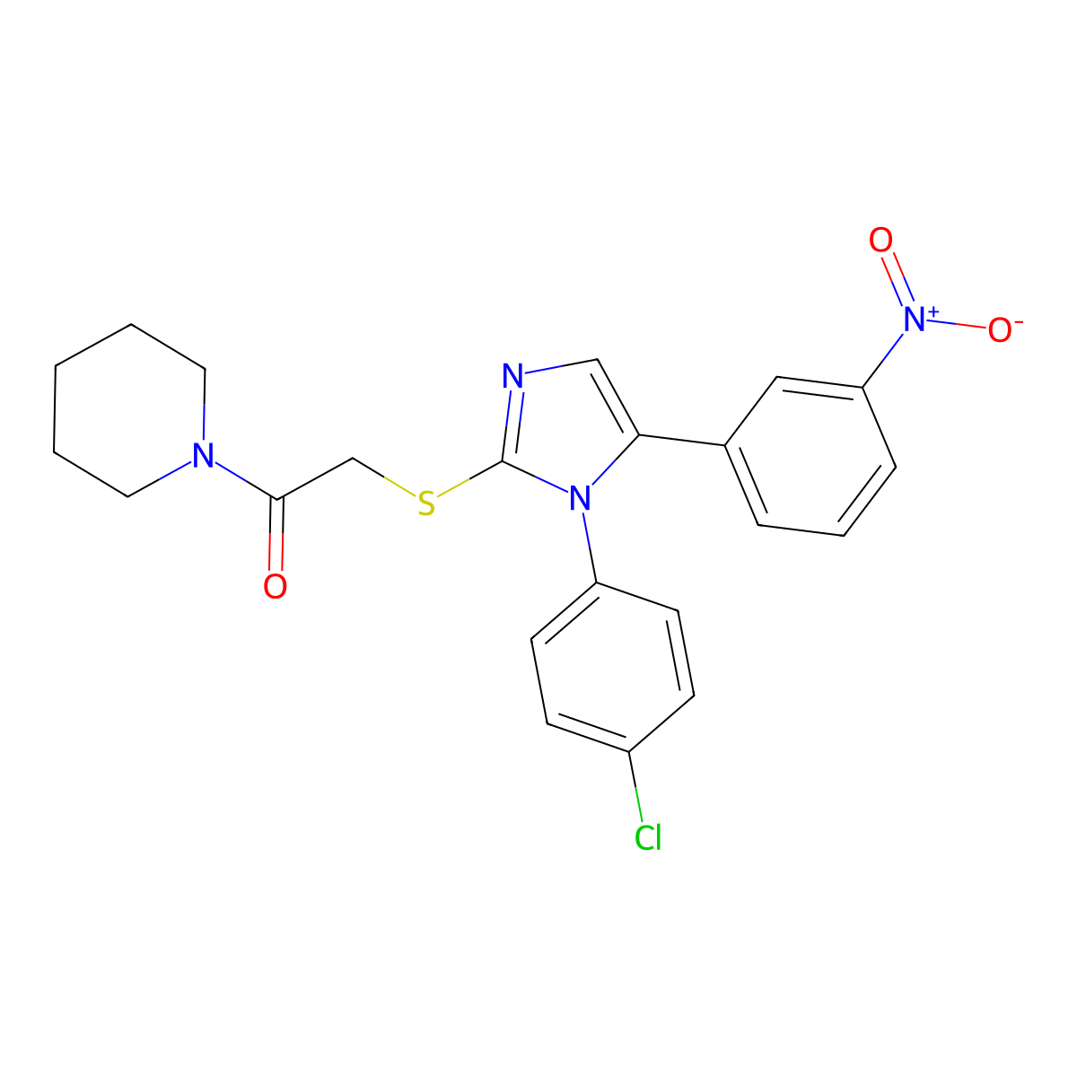2-((1-(4-chlorophenyl)-5-(3-nitrophenyl)-1H-imidazol-2-yl)thio)-1-(piperidin-1-yl)ethanone molecular structure, CAS 1226457-46-0