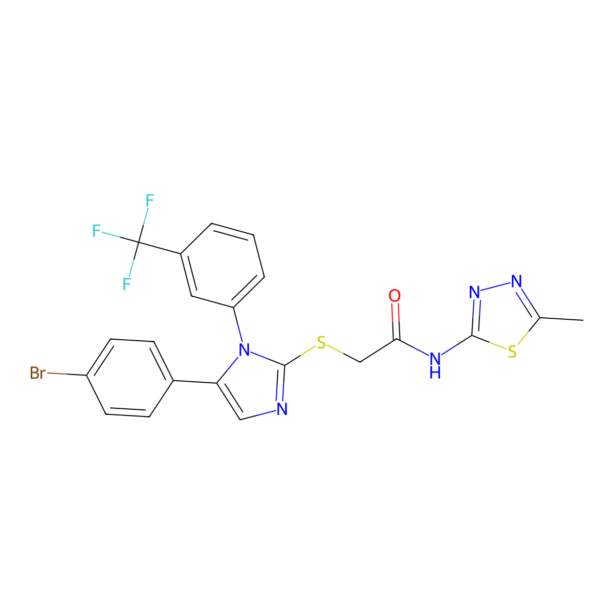 2-((5-(4-bromophenyl)-1-(3-(trifluoromethyl)phenyl)-1H-imidazol-2-yl)thio)-N-(5-methyl-1,3,4-thiadiazol-2-yl)acetamide molecular structure, CAS 1226457-77-7