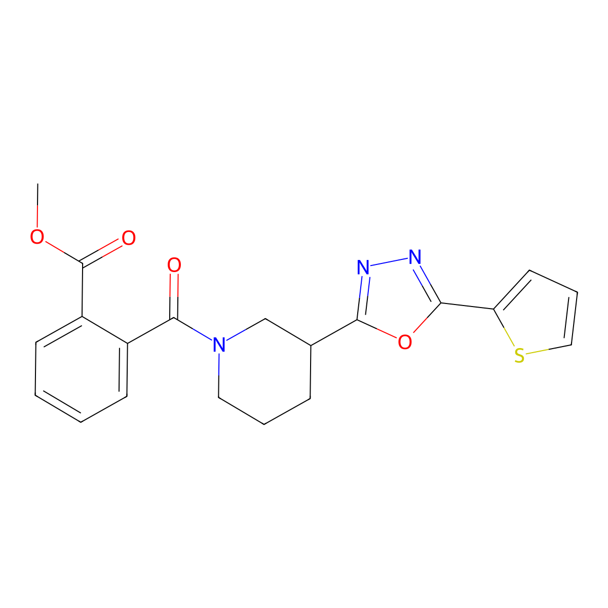 Methyl 2-(3-(5-(thiophen-2-yl)-1,3,4-oxadiazol-2-yl)piperidine-1-carbonyl)benzoate molecular structure, CAS 1226457-81-3