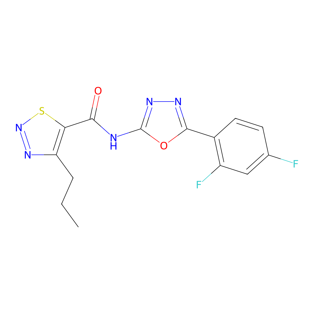 N-(5-(2,4-difluorophenyl)-1,3,4-oxadiazol-2-yl)-4-propyl-1,2,3-thiadiazole-5-carboxamide molecular structure, CAS 1226457-87-9