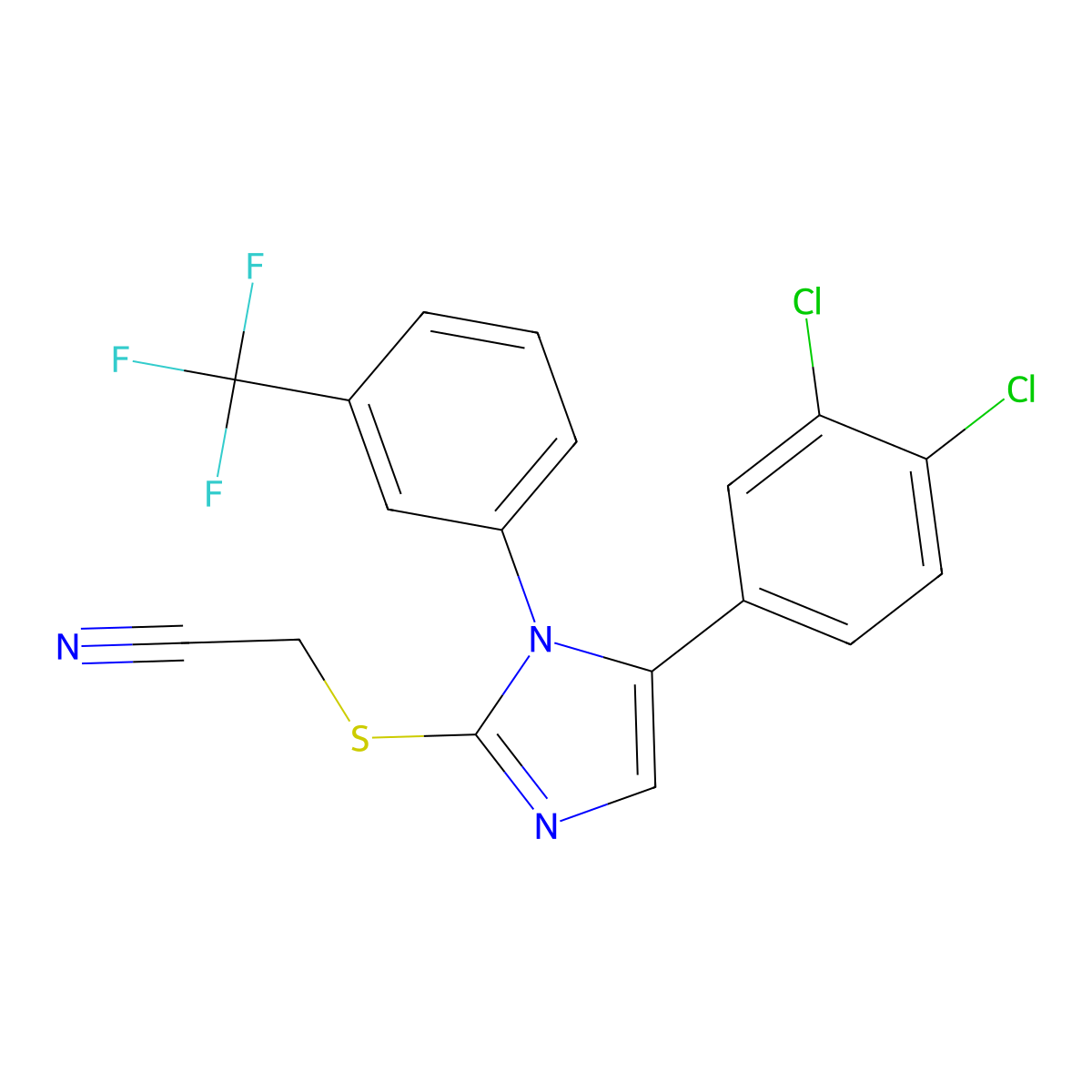 2-((5-(3,4-dichlorophenyl)-1-(3-(trifluoromethyl)phenyl)-1H-imidazol-2-yl)thio)acetonitrile molecular structure, CAS 1226458-01-0