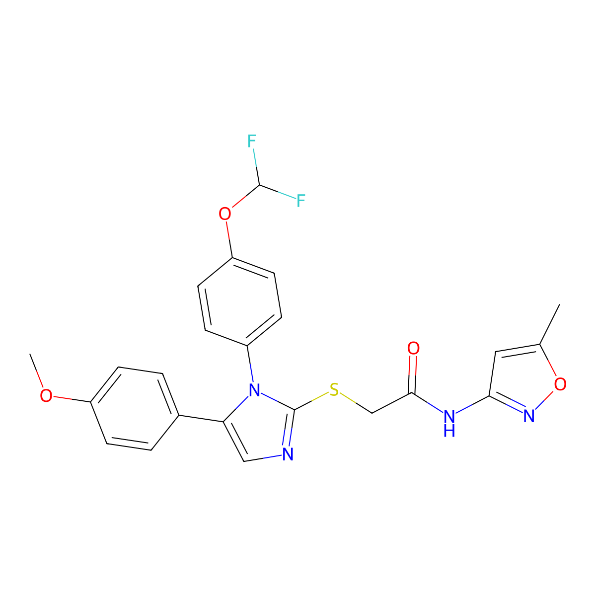 2-((1-(4-(difluoromethoxy)phenyl)-5-(4-methoxyphenyl)-1H-imidazol-2-yl)thio)-N-(5-methylisoxazol-3-yl)acetamide molecular structure, CAS 1226458-03-2