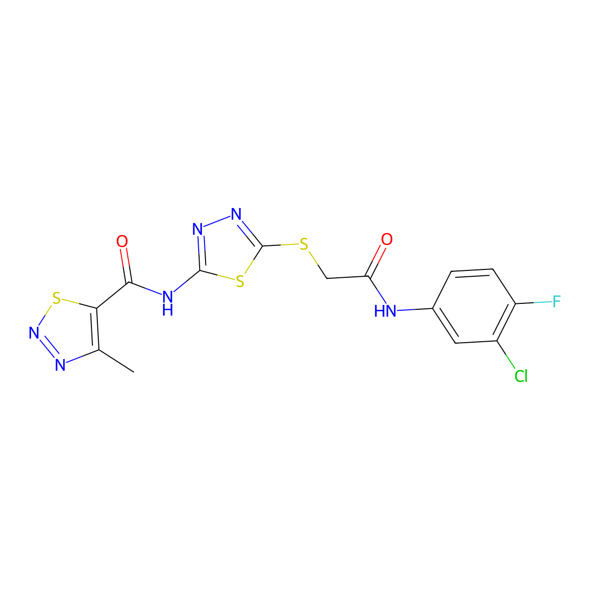 N-(5-((2-((3-chloro-4-fluorophenyl)amino)-2-oxoethyl)thio)-1,3,4-thiadiazol-2-yl)-4-methyl-1,2,3-thiadiazole-5-carboxamide molecular structure, CAS 1226458-09-8