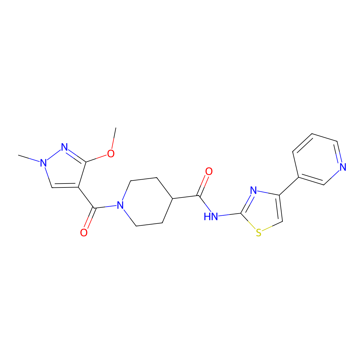 1-(3-methoxy-1-methyl-1H-pyrazole-4-carbonyl)-N-[4-(pyridin-3-yl)-1,3-thiazol-2-yl]piperidine-4-carboxamide molecular structure, CAS 1226458-15-6