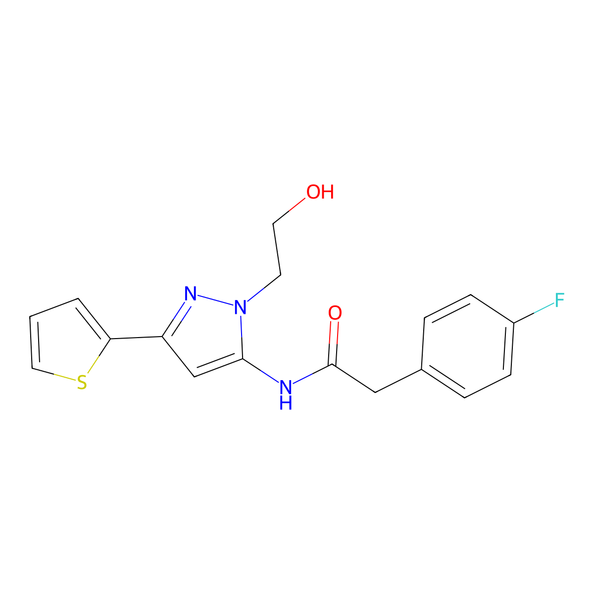 2-(4-fluorophenyl)-N-[1-(2-hydroxyethyl)-3-(thiophen-2-yl)-1H-pyrazol-5-yl]acetamide molecular structure, CAS 1226458-18-9