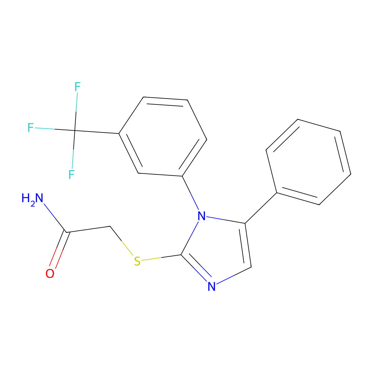 2-((5-phenyl-1-(3-(trifluoromethyl)phenyl)-1H-imidazol-2-yl)thio)acetamide molecular structure, CAS 1226458-26-9