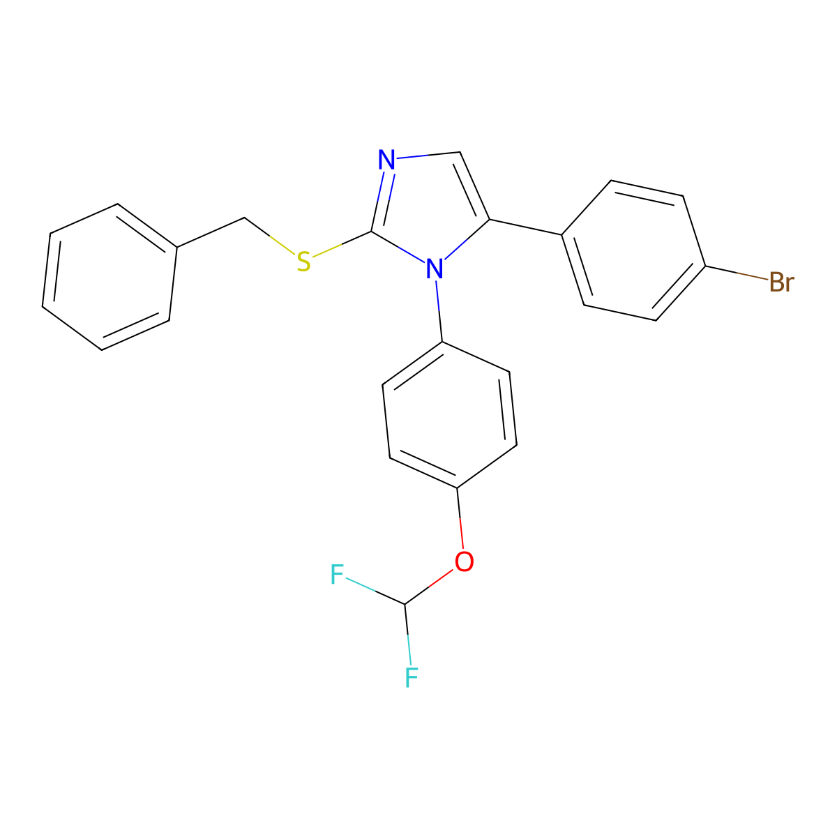 2-(benzylthio)-5-(4-bromophenyl)-1-(4-(difluoromethoxy)phenyl)-1H-imidazole molecular structure, CAS 1226458-32-7