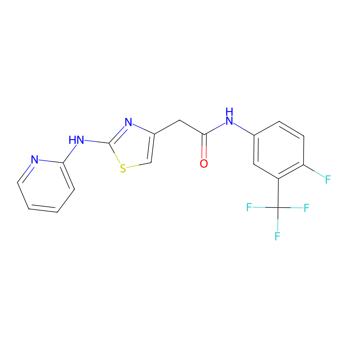 N-(4-fluoro-3-(trifluoromethyl)phenyl)-2-(2-(pyridin-2-ylamino)thiazol-4-yl)acetamide molecular structure, CAS 1226458-48-5