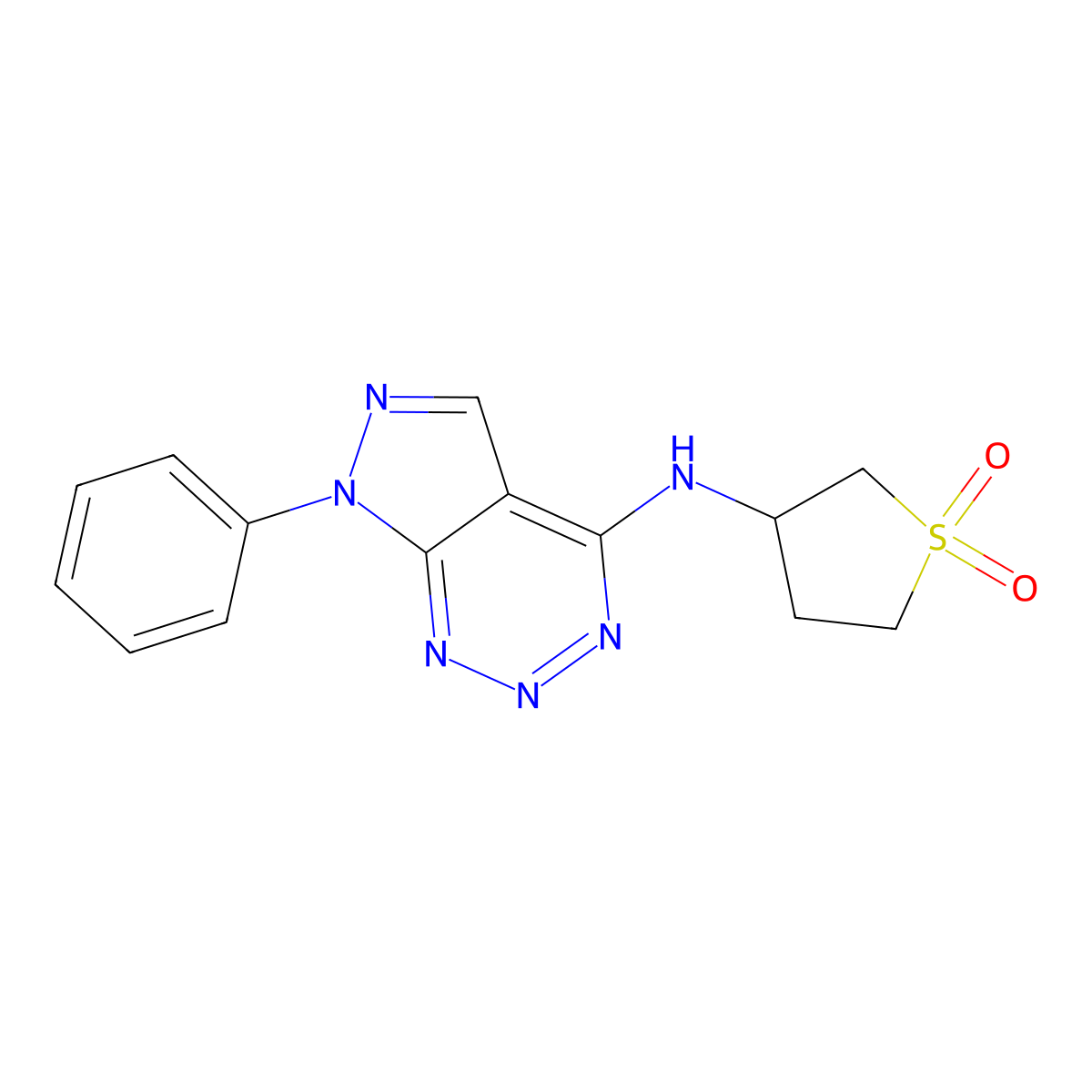 3-((7-phenyl-7H-pyrazolo[3,4-d][1,2,3]triazin-4-yl)amino)tetrahydrothiophene 1,1-dioxide molecular structure, CAS 1226458-49-6