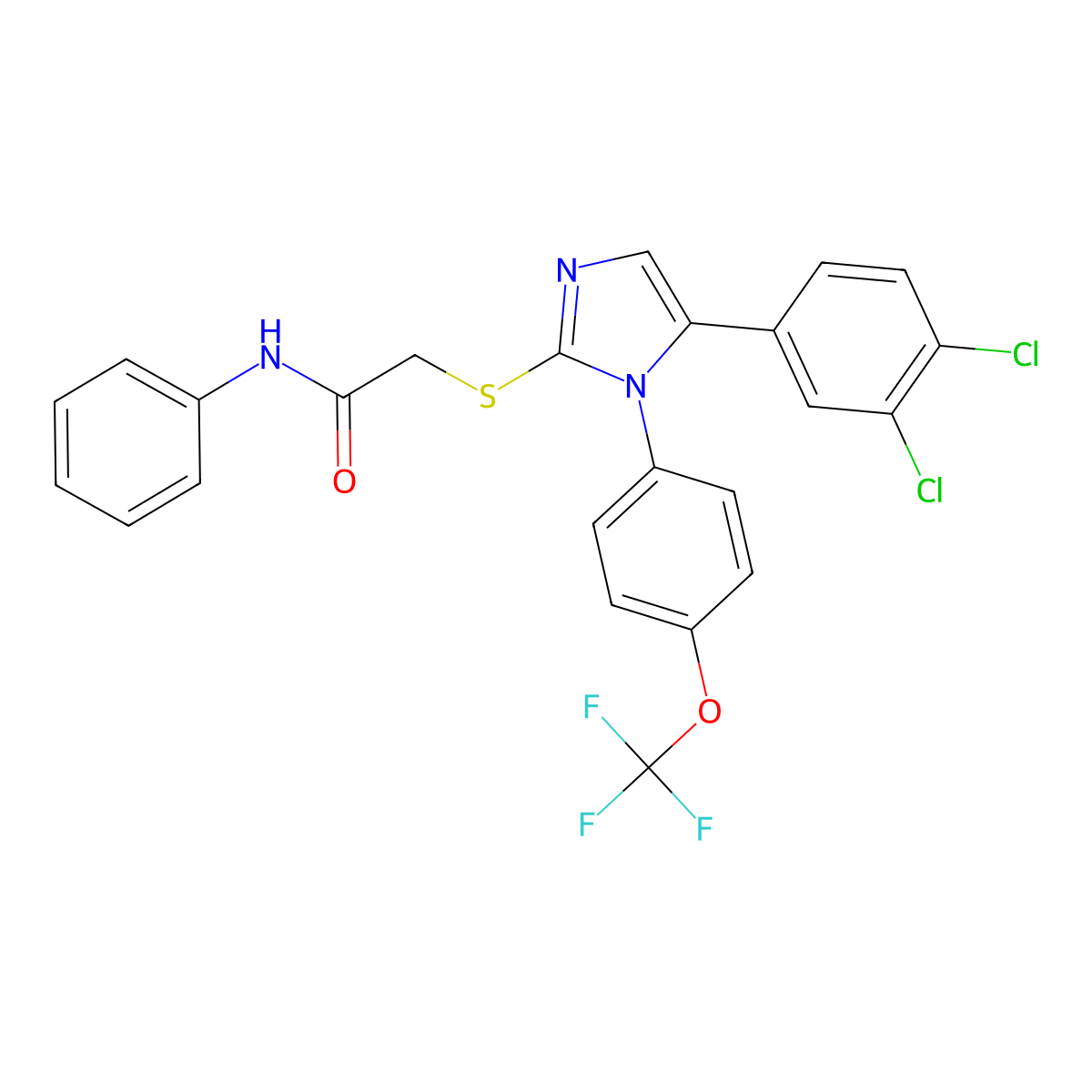 2-((5-(3,4-dichlorophenyl)-1-(4-(trifluoromethoxy)phenyl)-1H-imidazol-2-yl)thio)-N-phenylacetamide molecular structure, CAS 1226458-70-3
